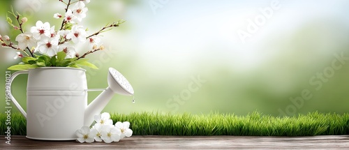 Watering can placed on grass with spring flowers near blooming tree creating a bright outdoor scene