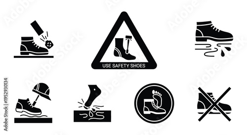 Safety shoe icons depicting warnings and required protective footwear