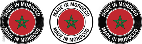Made in Morocco Round Badge Icon Set with Moroccan Flag Star Symbol, Country Origin Label for Product Packaging, Export Branding, Manufacturing Mark, and Quality Certification Design