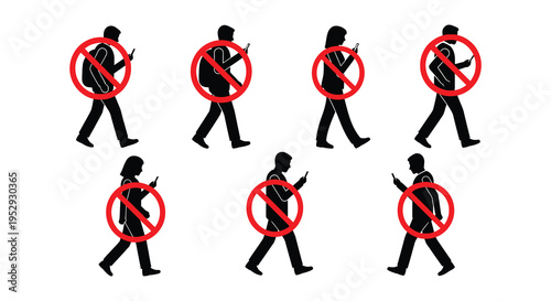 Stick figures depict people walking with and without using mobile phones
