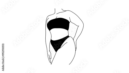 A woman in black bikini posing confidently in a simple line drawing
