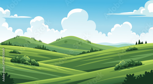 Beautiful Rolling Green Hills Under a Blue Sky with White Clouds A Vibrant Vector Illustration