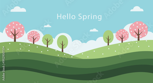 Hello Spring vector illustration of blooming trees and rolling hills under a cloudy sky, representing a fresh season