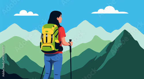 A young female hiker with a backpack and hiking poles enjoys a scenic mountain landscape, vector illustration