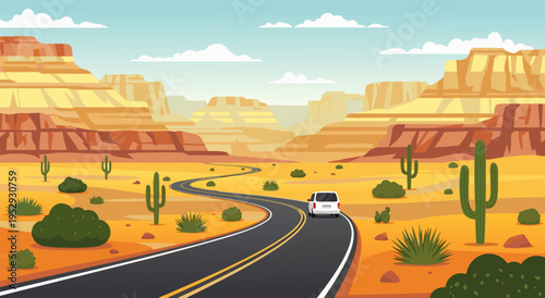 Scenic desert road trip vector illustration with cactus and rock formations, perfect for travel and adventure themes