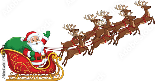 santa claus sleigh with reindeer flying, christmas cartoon illustration, festive holiday scene, cute santa character, winter celebration, isolated background, vector design