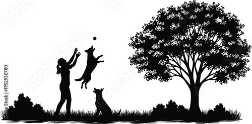 Dog silhouette illustration, person playing, ball catch, jumping dog, sitting dog, outdoor nature scene, companionship, pet love, playful interaction, friendship art