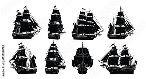 Silhouette of various sailing ships in different angles