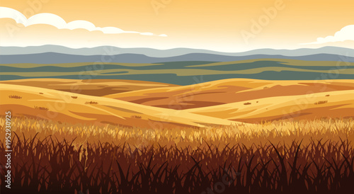 Golden Rolling Hills And Wheat Field Landscape Vector Illustration With A Gentle Gradient Sky Background