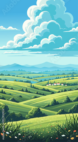 Vibrant rolling green hills under a dramatic sky with fluffy white clouds in a beautiful landscape vector illustration, idyllic countryside scenery