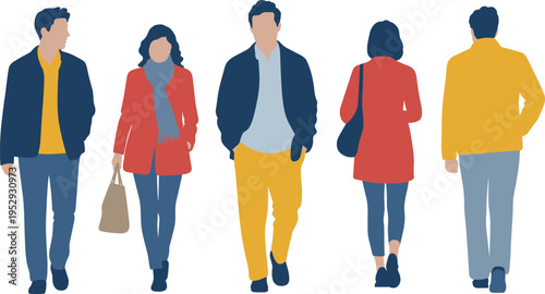 Diverse group of young people wearing trendy winter and autumn fashion outfits in flat vector illustration style for community, friendship, and seasonal lifestyle concept.