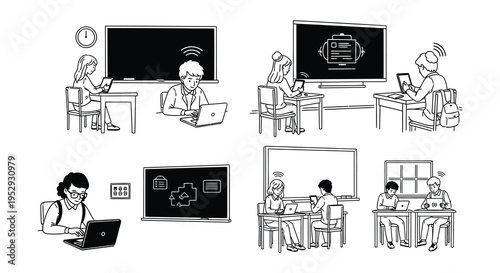 Students engaged in remote learning and studying in various settings