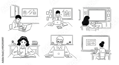 Students engaged in remote learning and studying in various settings