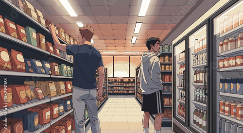 A vector illustration of two young men shopping for snacks in a well-lit grocery store aisle with shelves stocked with products
