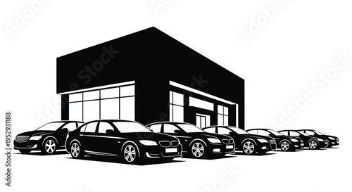 Silhouette of a modern car dealership with several vehicles parked outside