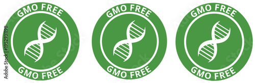 GMO Free Certification Badge Icon Set with DNA Helix Symbol, Non Genetically Modified Label for Organic Food Packaging, Product Branding, Health Certification, and Eco Marketing