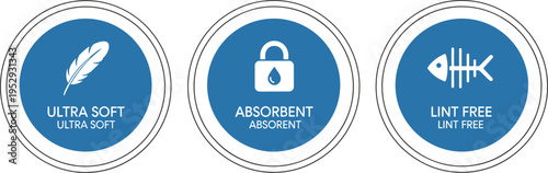 Ultra Soft Absorbent Lint Free Round Badge Icon Set with Feather Lock and Fabric Symbols, Textile Quality Label for Cleaning Products, Towels, Packaging, and Branding