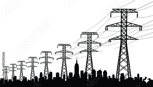 Black silhouette of high voltage power lines and electricity transmission towers over a growing city skyline for energy and infrastructure.