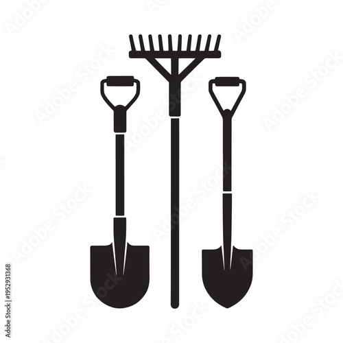 Wallpaper Mural Black silhouette illustration of gardening tools a rake and two shovels Torontodigital.ca