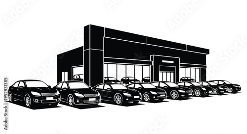 Silhouette of a modern car dealership with multiple vehicles parked outside