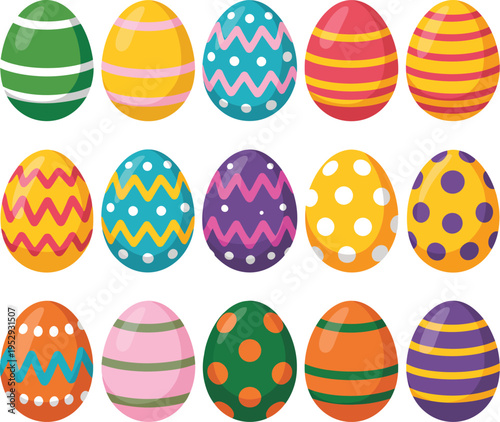 Easter eggs illustration, flat cartoon design, 15 decorated eggs in three rows, colorful patterns, stripes, zigzags, polka dots, white background