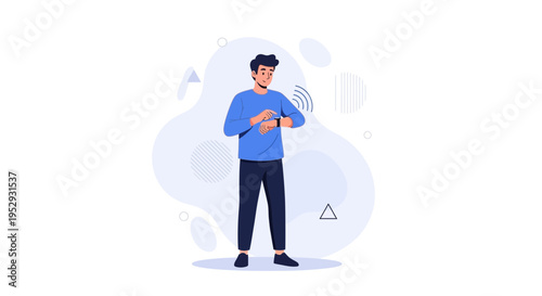 Man checking smartwatch with wireless signal waves, modern technology concept