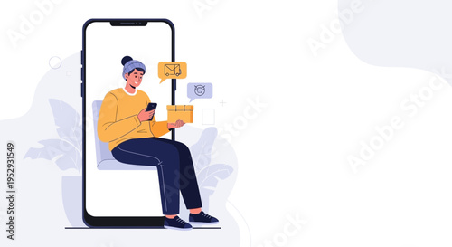 Man using smartphone for online shopping, delivery box and chat bubbles, modern lifestyle