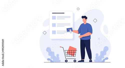 Man with Shopping Cart and Checklist, Online Shopping Concept