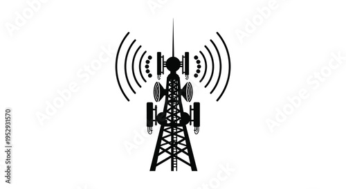 Silhouette of a telecommunications tower with signal waves emission silhouette