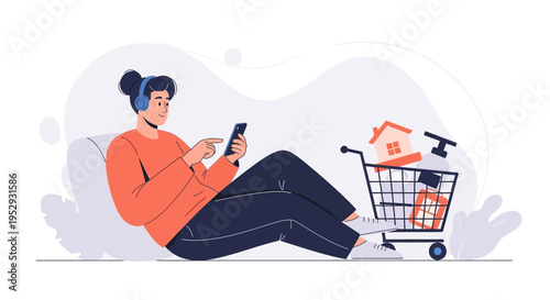 Person with headphones using smartphone near shopping cart with house and tools