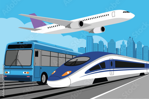 Wallpaper Mural Transportation illustration, sleek bullet train, blue city bus, commercial airplane, modern minimalist design, clean lines, angled perspective, blue-tinted cityscape, professional vehicle artwork Torontodigital.ca