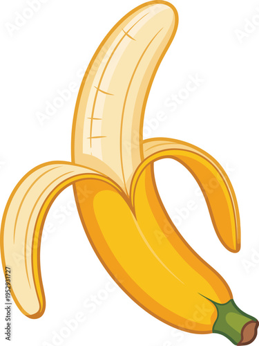 Peeled banana illustration, digital design, bright yellow banana with partially opened peel, curved fruit, brown-green stem, smooth minimalist style, white background