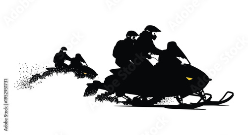 Silhouette of people riding a snowmobile in winter landscape