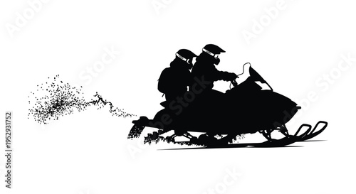 Silhouette of two people riding a snowmobile through snowy landscape in winter