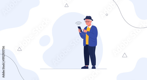 Elderly Man Using Smartphone with Wi-Fi Signal, Modern Technology for Seniors