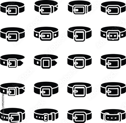 Belt icons, set of 20 black silhouettes, 4x5 grid, different buckle types, straps, prong and pin closures, decorative stitching, clean minimalist style