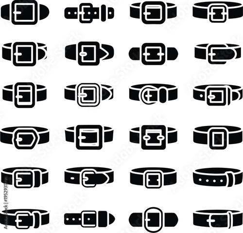 Belt icons, 20 black and white designs, uniform grid, rectangular and rounded buckles, strap variations, prong and snap styles, minimalist high-contrast layout