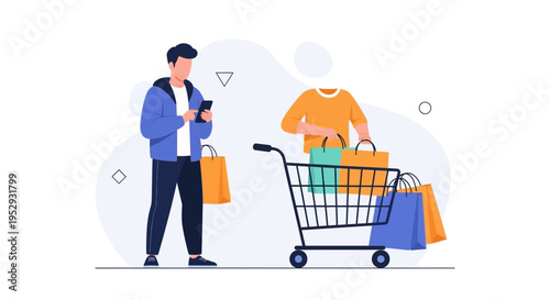 Online Shopping Concept: Man with Smartphone and Shopping Cart Full of Bags