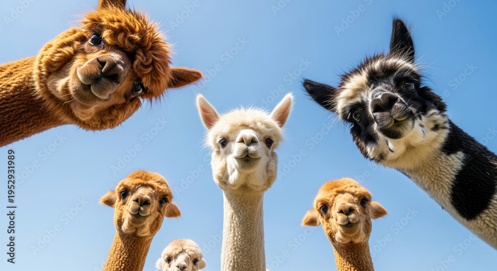 Fototapeta premium Curious alpacas with fluffy brown, white, and black fur look down from above against a clear blue sky, symbolizing animal interaction and curiosity. Ample free space for text