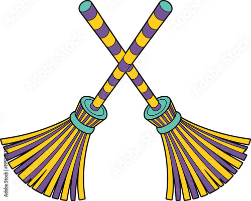 Crossed broomsticks illustration, colorful cartoon design, purple and yellow bristles, turquoise knob tops, angled X-shape, smooth lines, playful whimsical style, white background