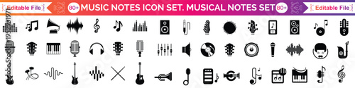 Music notes icon set. Set of musical notes. Black musical note icons. Music elements. Isolated music notes symbols on white background. Simple musical notes signs. Vector illustration,.