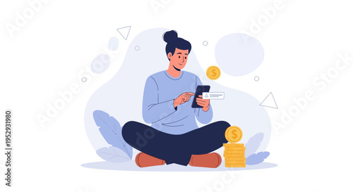 Young person with smartphone and coins, financial concept illustration