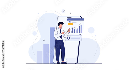 Man presenting financial data on a smartphone screen, business analytics concept