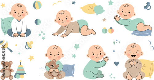Cute Baby Daily Activities Collection with Newborn Infants Crawling Sitting Playing and Holding Toys in Soft Cartoon Vector Illustration Style.