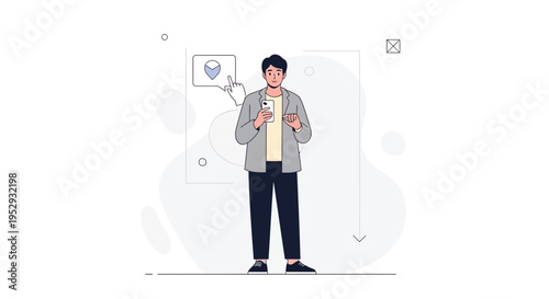 Man using smartphone, interacting with digital interface, heart icon, modern illustration