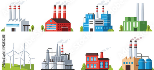 Industrial factory buildings and power plants vector illustration, energy production facilities, manufacturing industry icons set, renewable and 