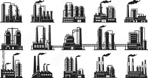 Industrial factory silhouettes set, oil refinery and chemical plants, power stations, manufacturing facilities, smoke stacks, heavy industry icons, black vector illustration collection