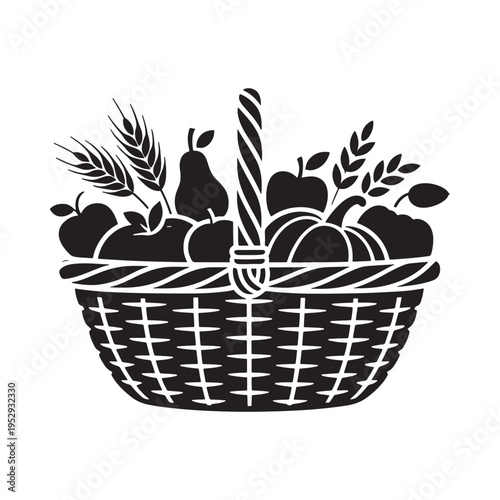 Wallpaper Mural Black and white illustration of a woven basket filled with fruits and wheat Torontodigital.ca