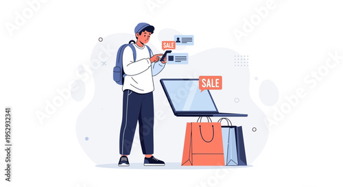 Young man shopping online on phone with laptop and shopping bags, sale notification