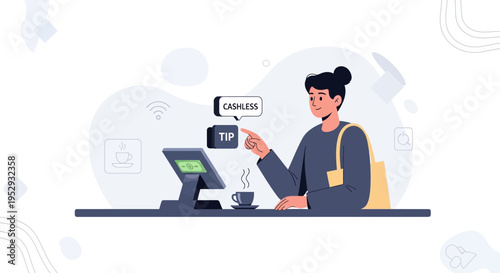 Customer paying cashless tip at cafe counter with POS terminal